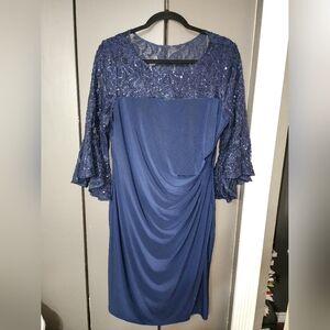 Adrianna Papell Navy Blue 3/4 Bell Sleeve Sequin Illusion Round Neck Dress
